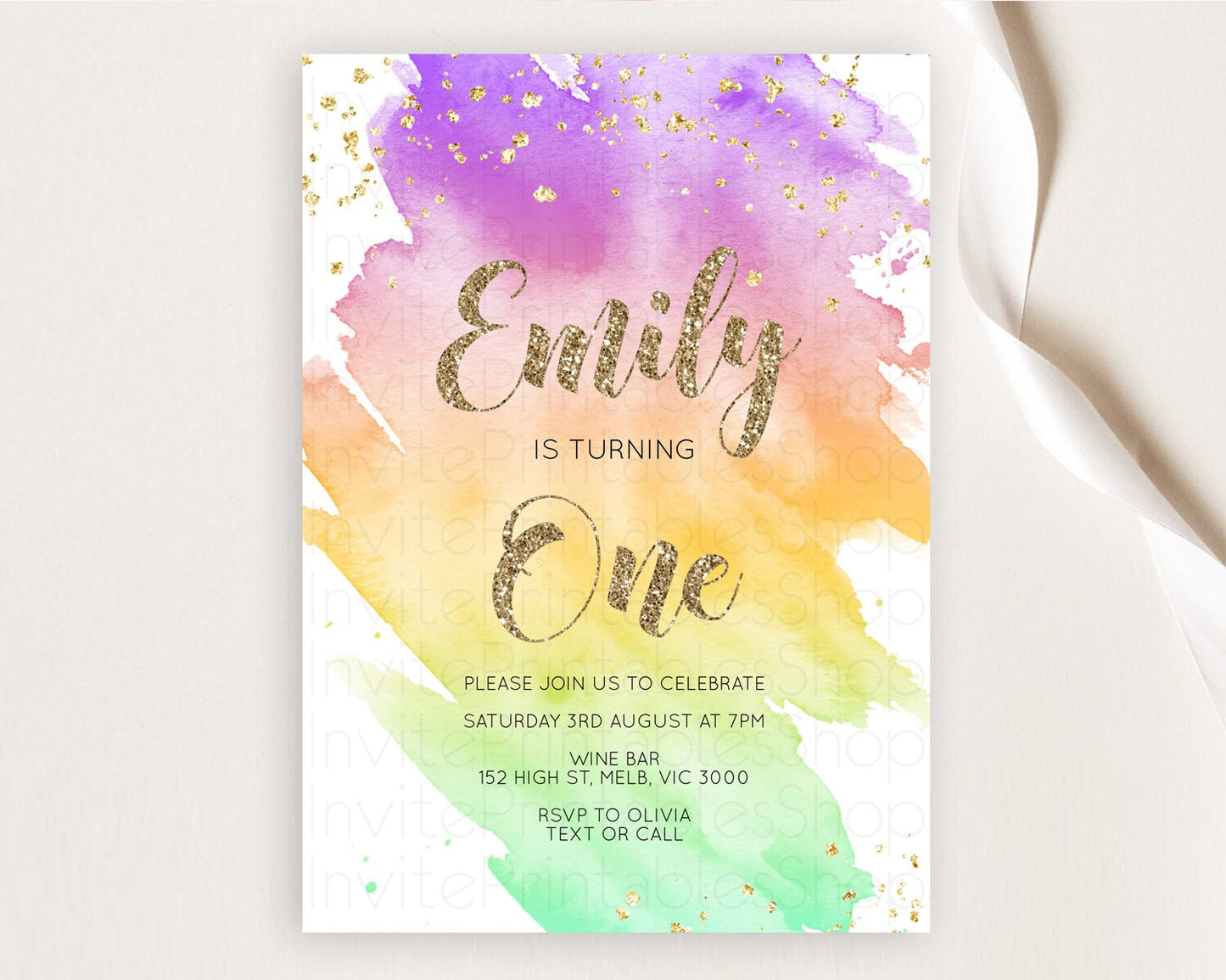 Rainbow Birthday Invitation Colorful Pastel Watercolor Invitation Gold Glitter Sprinkles Ombre Pastel 1st 2nd 3rd Birthday D10517