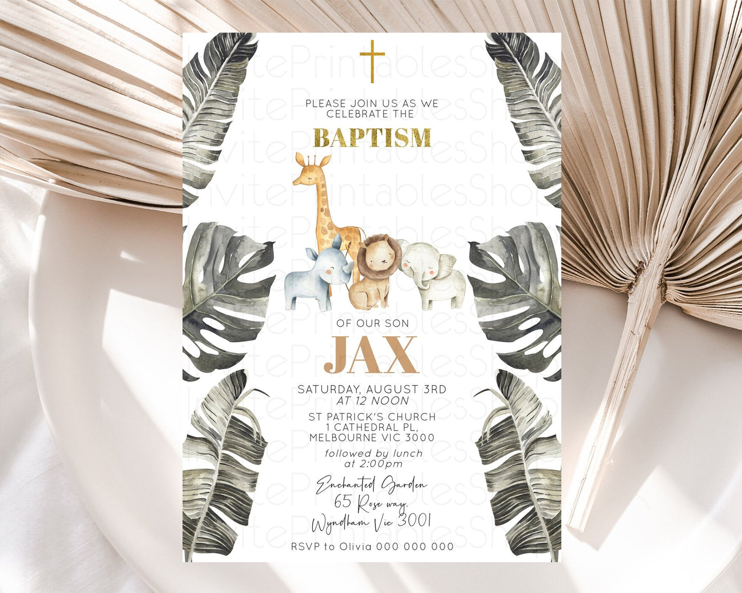 Safari Baptism Invitation Safari Adventure Baptism Birthday Invitation Lion Gorilla Elephant Rhino Tropical Palm Jungle Adventure D10599