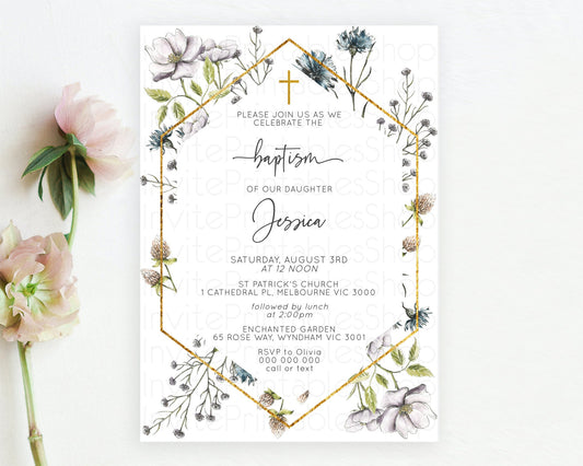 Secret Garden Baptism Invitation Wildflower Baptism Birthday Invite Pastel Flowers Christening Invite Enchanted Garden Boho Floral  D11002