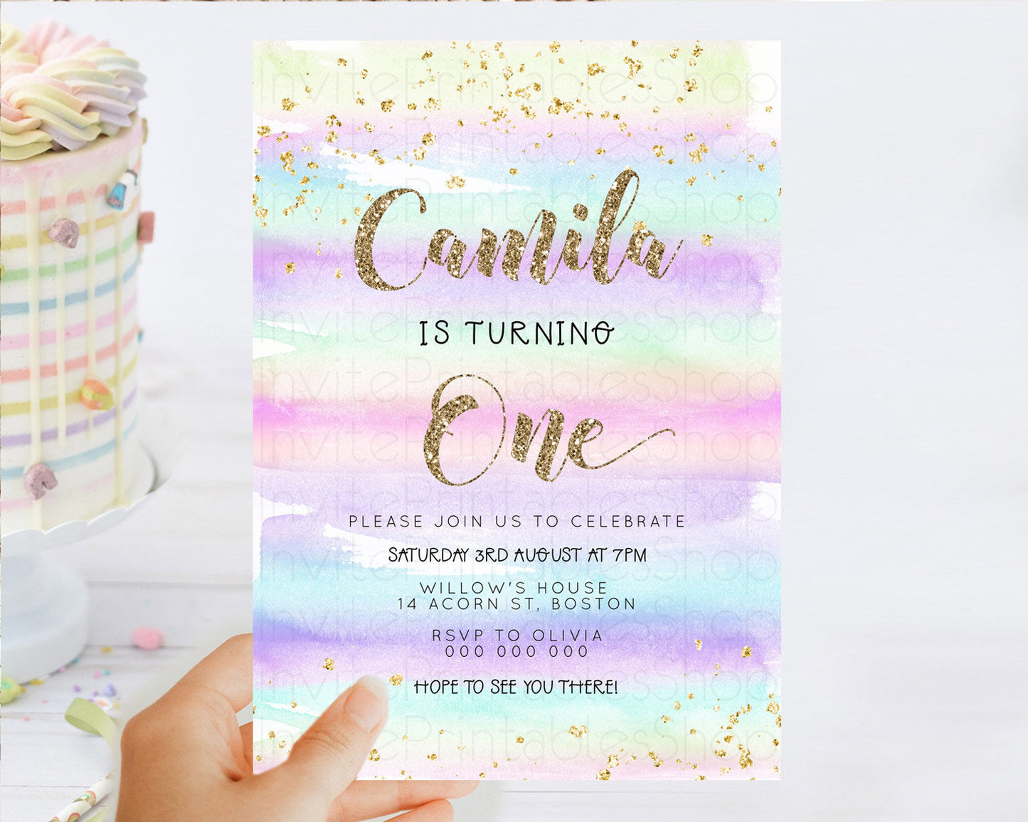 Rainbow Birthday Invitation Colorful Pastel Watercolor Invitation Gold Glitter Sprinkles Ombre Pastel 1st 2nd 3rd Birthday D23263