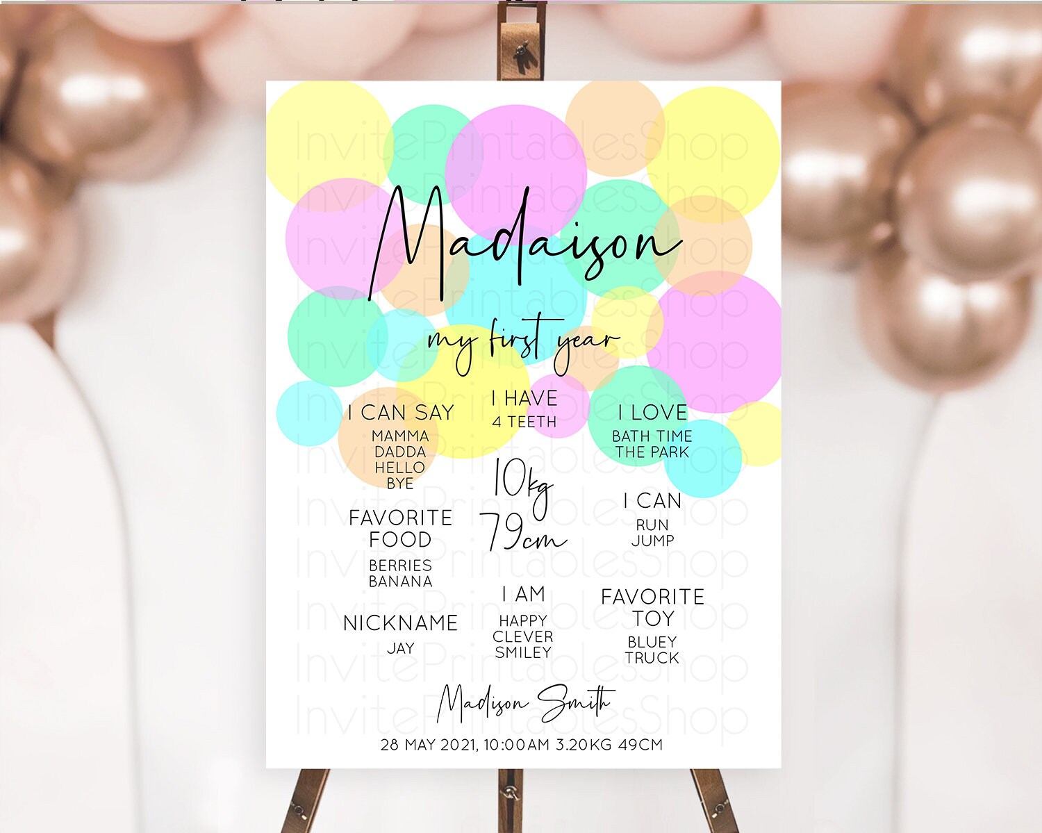 Editable Pastel First Birthday Milestone Poster Pastel Rainbow Confetti Firs