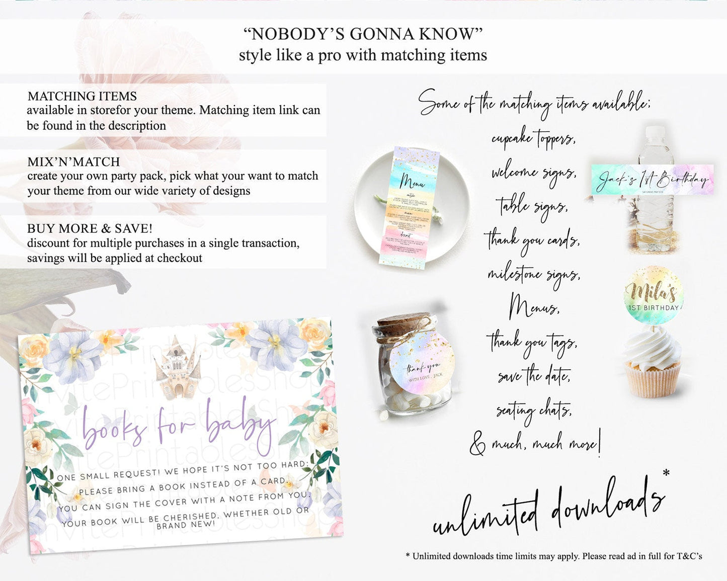 Princess Books For Baby Card Castle Book Card Insert Secret Garden Enchanted Castle Pastel Floral Garden Baby Shower Poem Request D10473