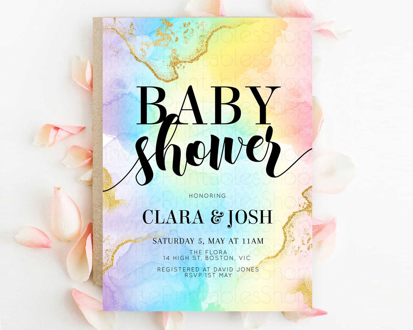 Pastel Baby Shower Invitation Rainbow Baby Shower Invitation Colorful Pastel Watercolor Invitation Gold Glitter Sprinkles Ombre D10589