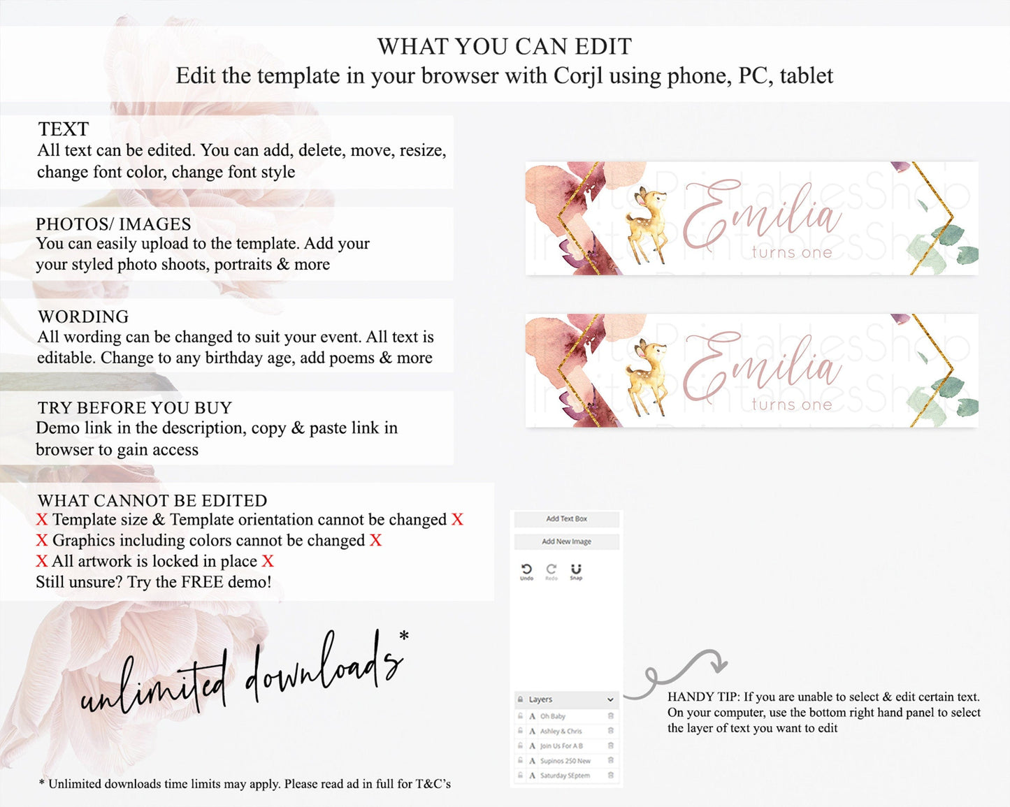 Fawn Deer Water Label Template Pastel Floral Deer Enchanted Forest Butterfly Party Decor Birthday Baptism Baby Shower Bridal Shower D10915