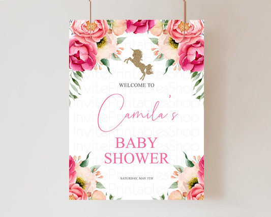 Editable Unicorn Garden Baby Shower Welcome Sign Floral Unicorn Welcome Boar