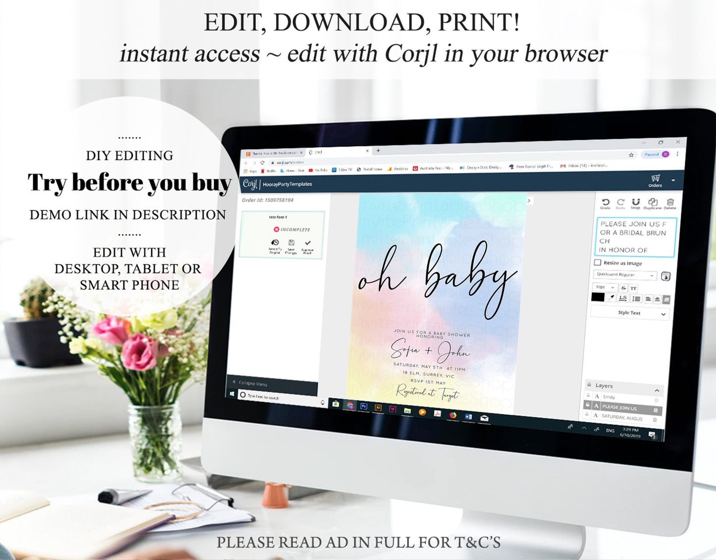 Pastel Rainbow Baby Shower Invitation Colorful Watercolor Invite Ink Splash Blue Yellow Pink Purple Gender Neutral 446