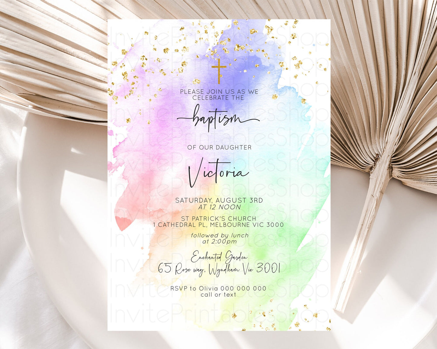 Pastel Baptism Invitation Pastel Colors Watercolor Baptism 1st Birthday Party Gold Ombre Pastel Rainbow Christening Holy Communion D10316