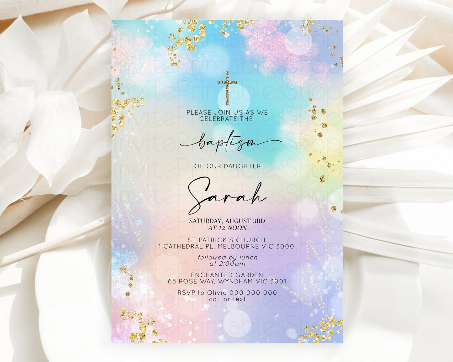 Pastel Baptism Invitation Pastel Colors Watercolor Baptism 1st Birthday Party Gold Ombre Pastel Rainbow Christening Holy Communion D10675