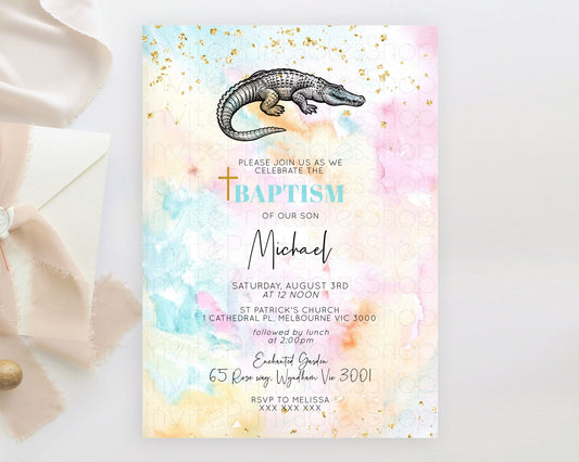 Editable Crocodile Baptism Invitation Alligator Baptism 1st Birthday Invitat