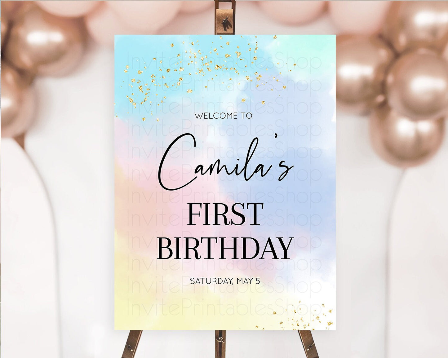 Pastel Welcome Sign Pastel Rainbow Welcome Sign Colorful Rainbow Confetti Watercolor Glitter Pastel First Birthday Welcome Sign D10368