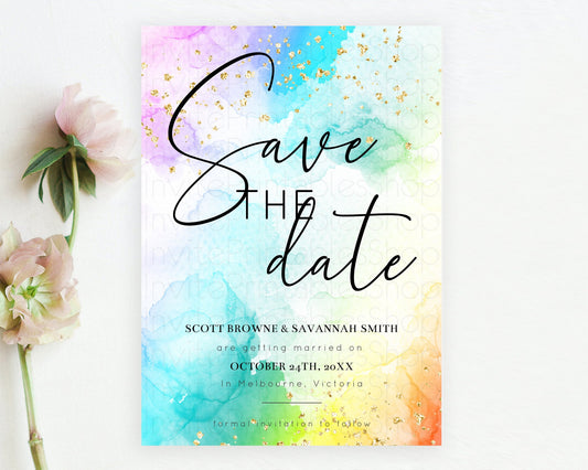Editable Pastel Save The Date Template Pastel Ombre Rainbow Watercolor Color