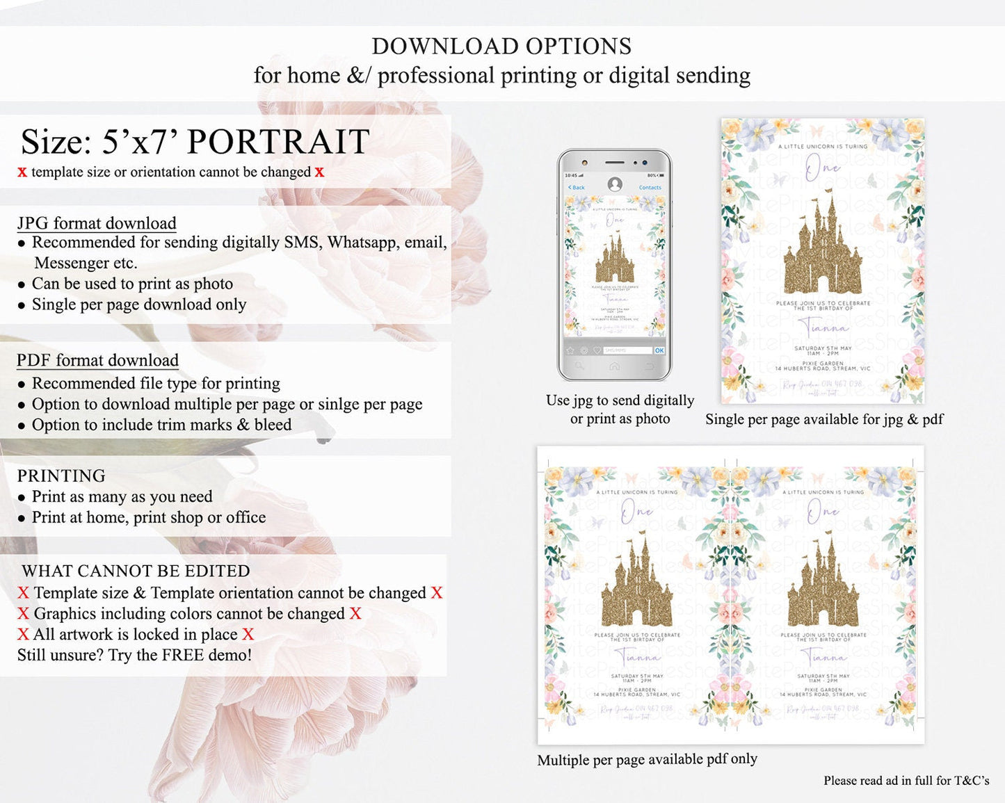Princess Birthday Invitation Castle Invitation Royal Birthday Fairy Tale Enchanted Castle Pastel Floral Garden 1st First Birthday D10469