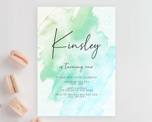 Green Birthday Invitation green Watercolor Invitation Pastel green Watercolor Invitation green Splash Gold Invitation First Birthday D10166