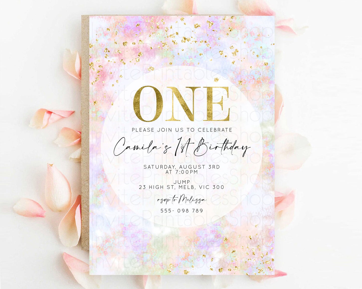 Rainbow Birthday Invitation Colorful Pastel Watercolor Invitation Gold Glitter Sprinkles Ombre Pastel 1st 2nd 3rd Birthday D10649