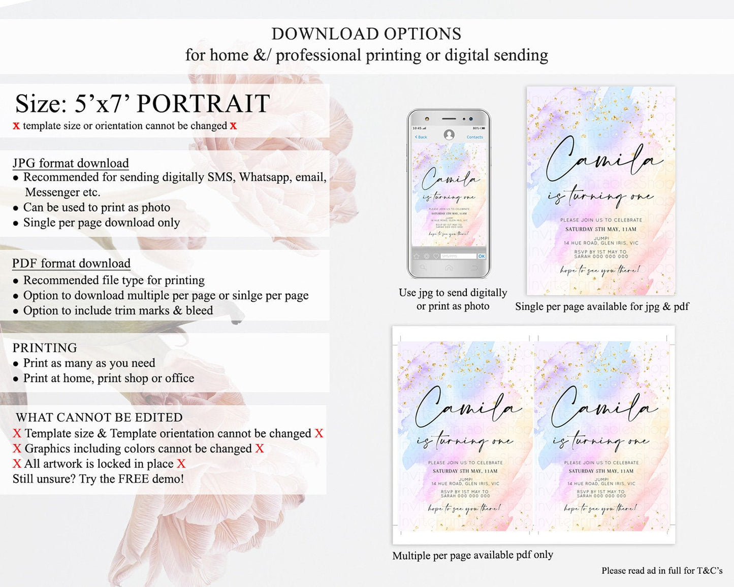 Rainbow Birthday Invitation Colorful Pastel Watercolor Invitation Gold Glitter Sprinkles Ombre Pastel 1st 2nd 3rd Birthday D10635