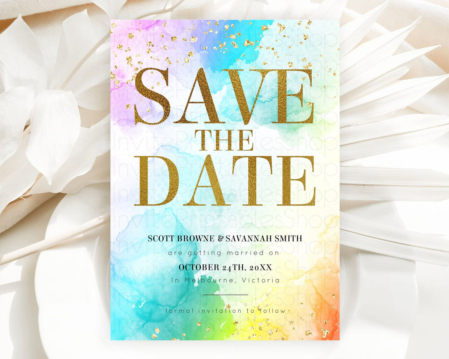 Pastel Save The Date Template Pastel Ombre Rainbow Watercolor Colorful Party For Birthday Baptism Baby Shower Wedding Bridal Shower D10961
