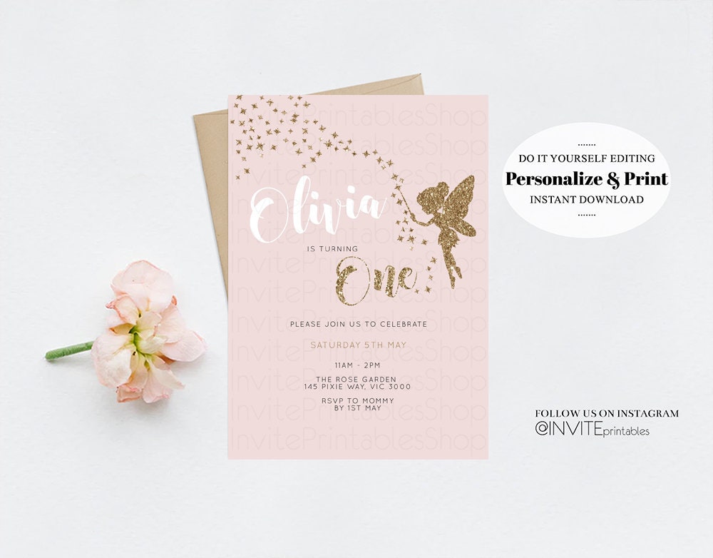 Editable Fairy Birthday Invitation Gold Glitter Invitation Tinker Bell Invit