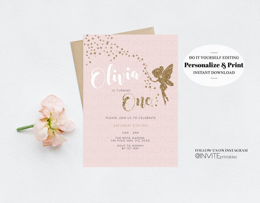 Editable Fairy Birthday Invitation Gold Glitter Invitation Tinker Bell Invit