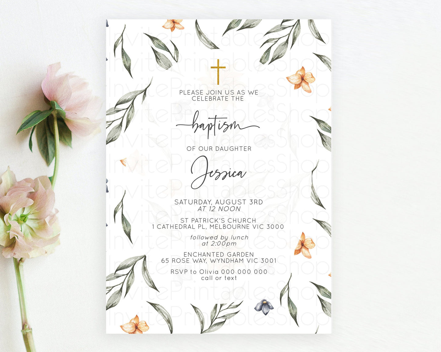 Leafy Baptism Invitation Leafy Simple Greenery Baptism 1st Birthday Invitation Eucalyptus Fern Spray Leaves Green Leaf Watercolour D10544