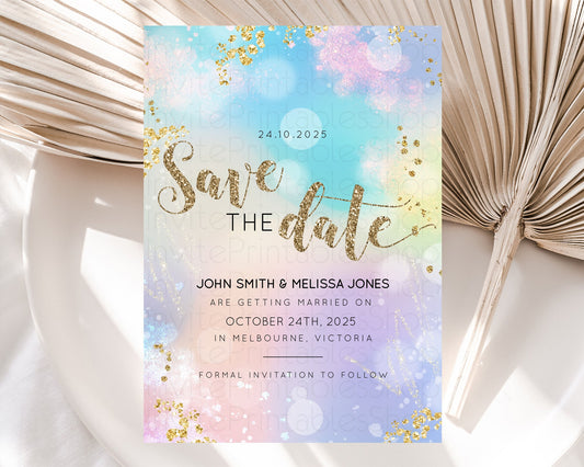 Pastel Save The Date Template Pastel Ombre Rainbow Watercolor Colorful Party For Birthday Baptism Baby Shower Wedding Bridal Shower D10677