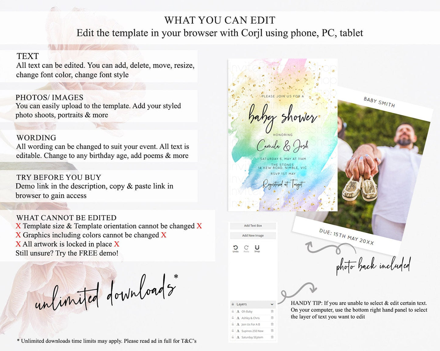 Pastel Rainbow Baby Shower Invitation, Colorful Watercolor with Gold Glitter Sprinkles Ombre Effect Pink, Yellow, Blue, Green, Purple D10256