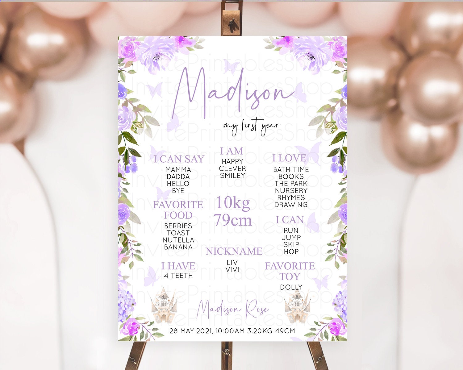 Editable Princess First Birthday Milestone Poster Castle Milestone Board Sec