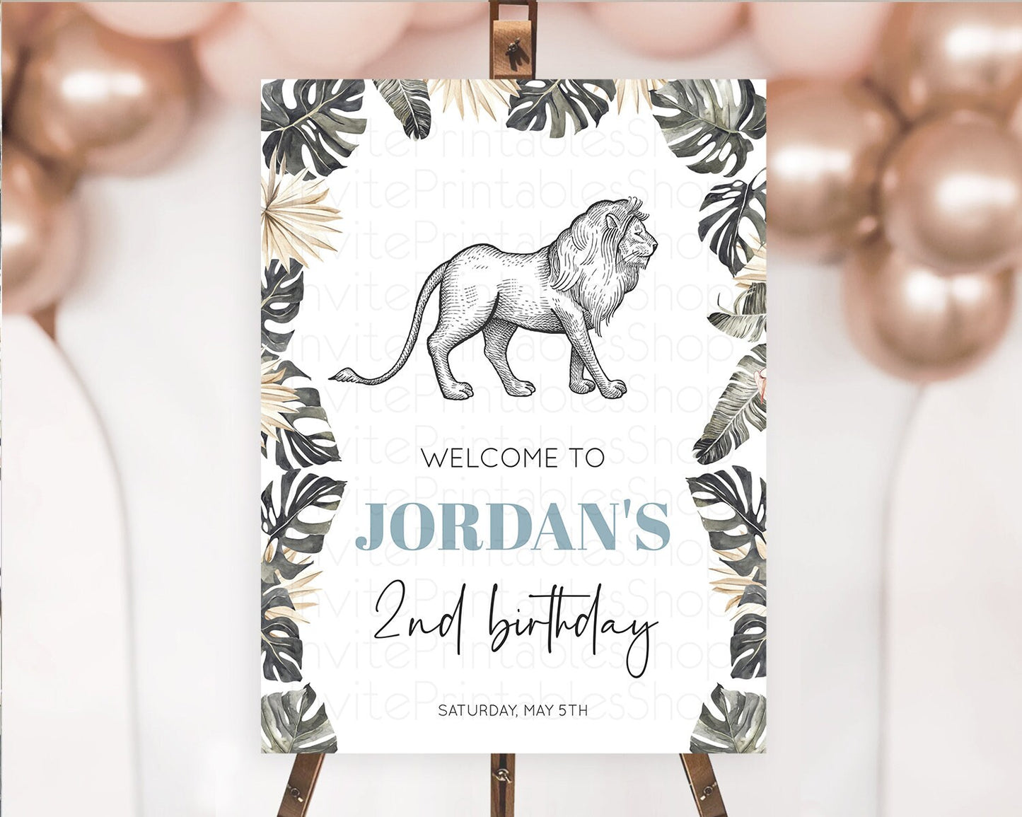 Lion Welcome Sign Lion Welcome Board Lion Party Welcome Poster Dried Palm Fern Safari Party Decor Lion First Birthday Welcome Sign D10807