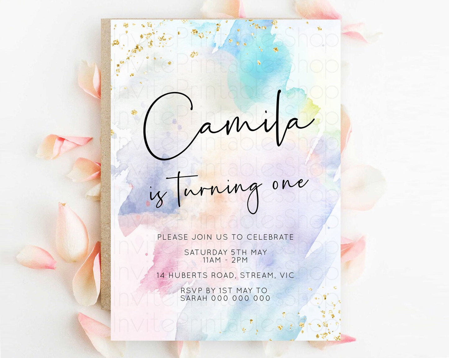 Rainbow Birthday Invitation Colorful Pastel Watercolor Invitation Gold Glitter Sprinkles Ombre Pastel 1st 2nd 3rd Birthday D10422