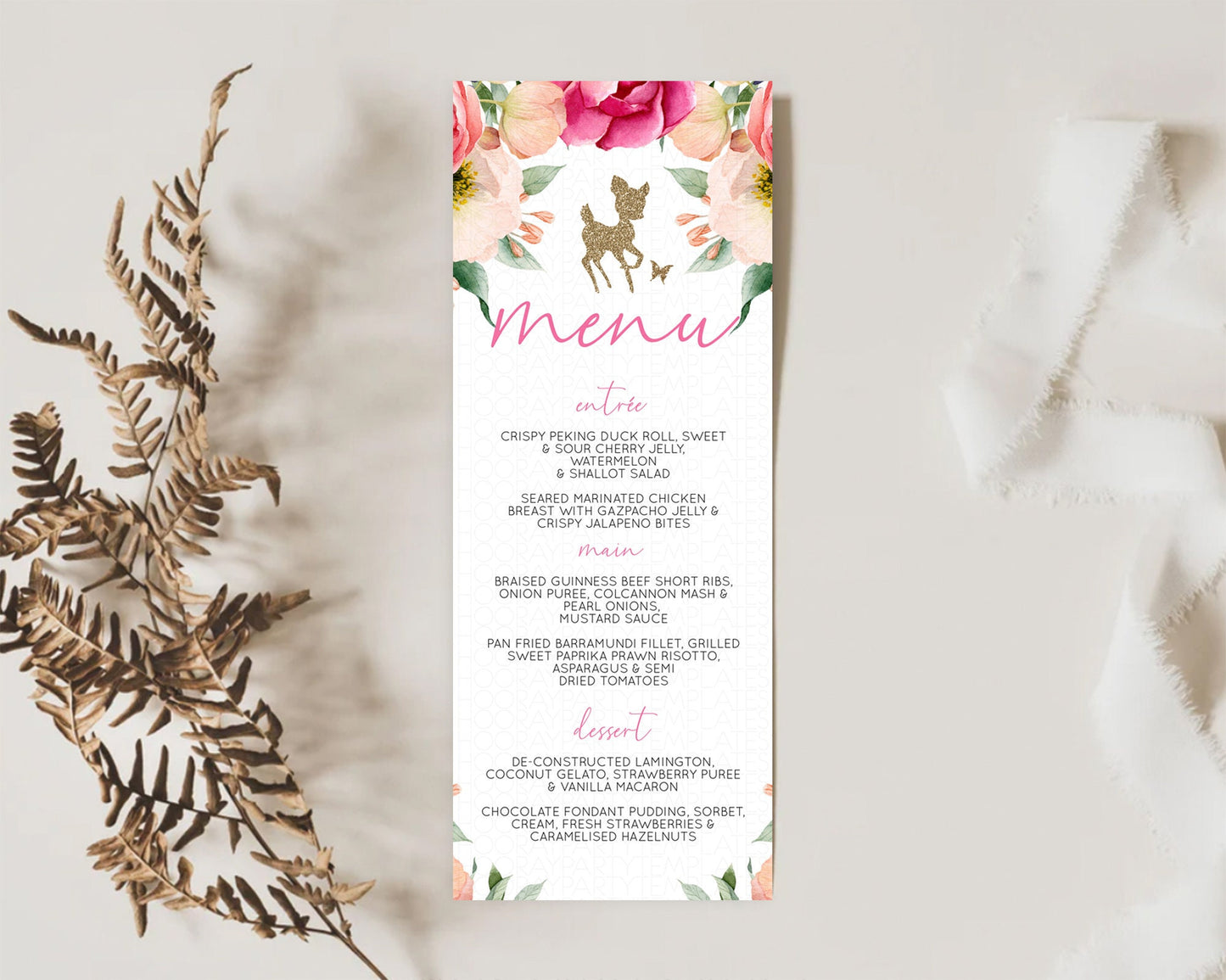 Fawn Menu Deer Menu Template Pastel Floral Deer Table Decor Enchanted Forest Butterfly Floral Dinner Dessert Menu Party Food Menu D10326