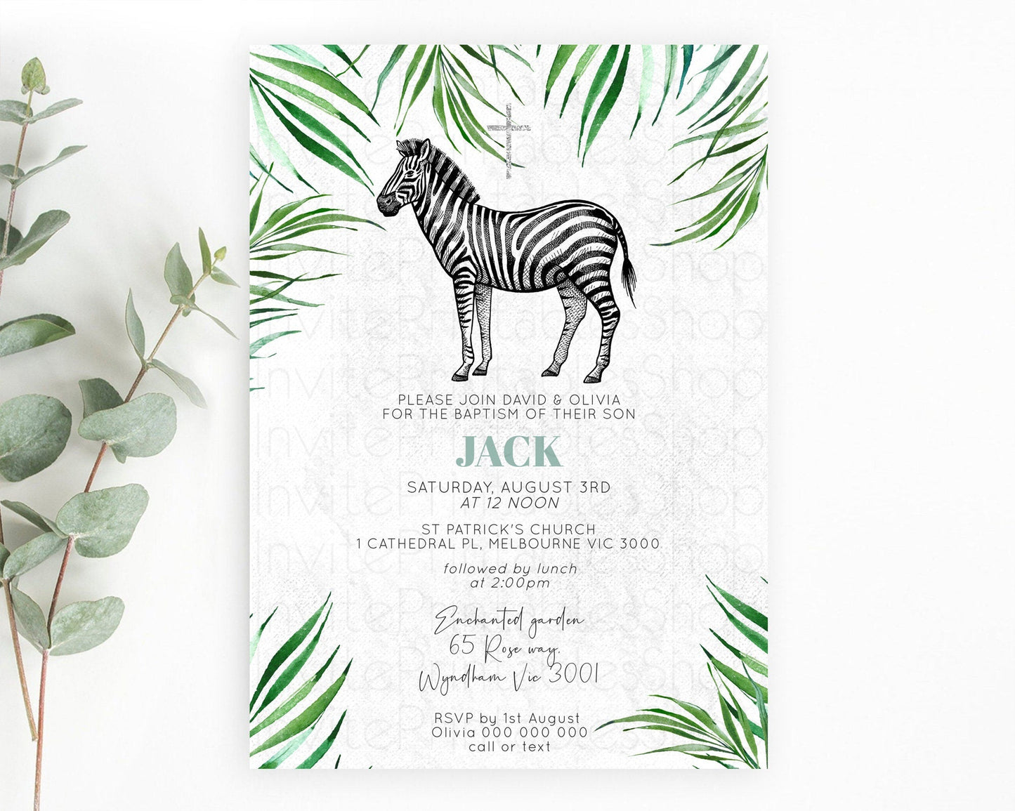 Zebra Baptism Invitation Zebra Baptism 1st Birthday Invitation Jungle Safari Christening Invite Watercolor Tropical Zoo Adventure D10844