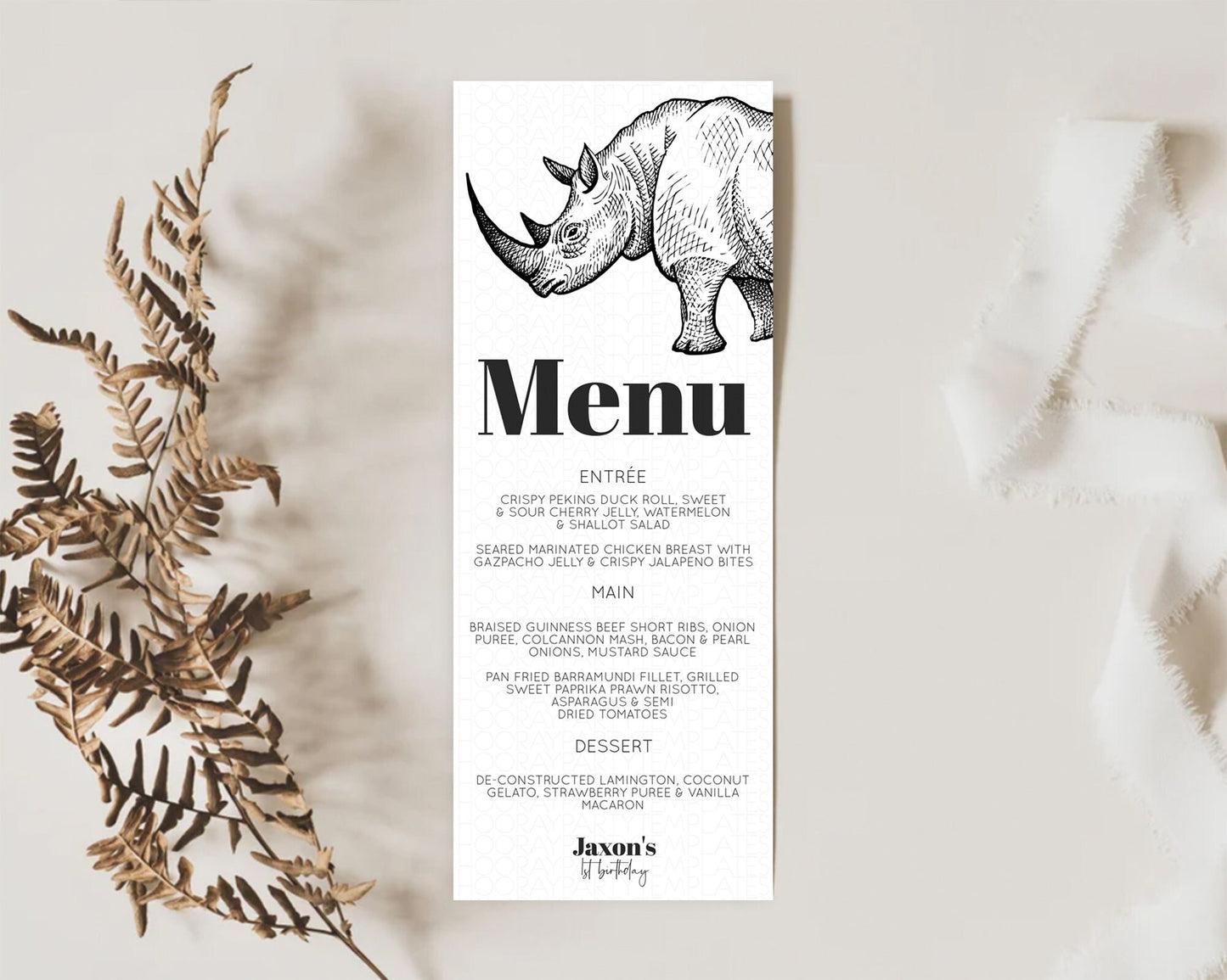 Rhino Menu Rhino Menu Template Rhino Party Table Decor Safari Adventure Decor Rhino Dinner Dessert Menu Rhino Party Food Menu D10253