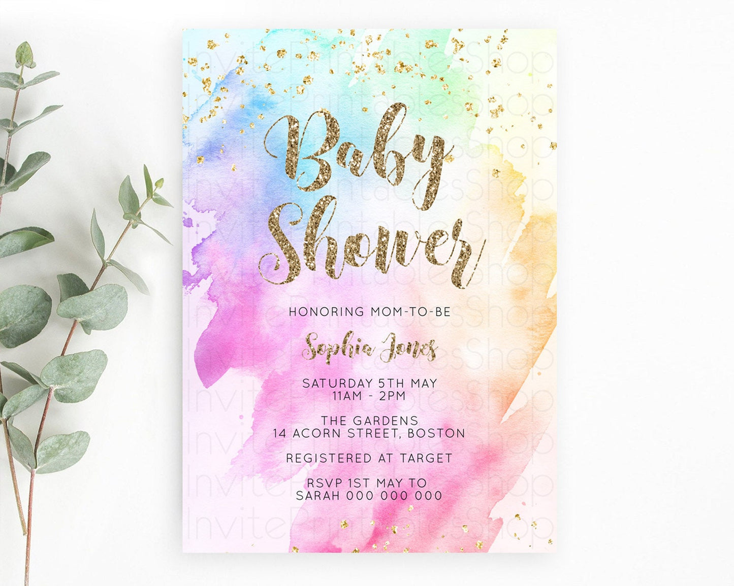 Pastel Rainbow Baby Shower Invitation, Colorful Watercolor Splash, Gold Glitter Confetti Sprinkles, Ombre Pink, Yellow, Green, Orange D10450