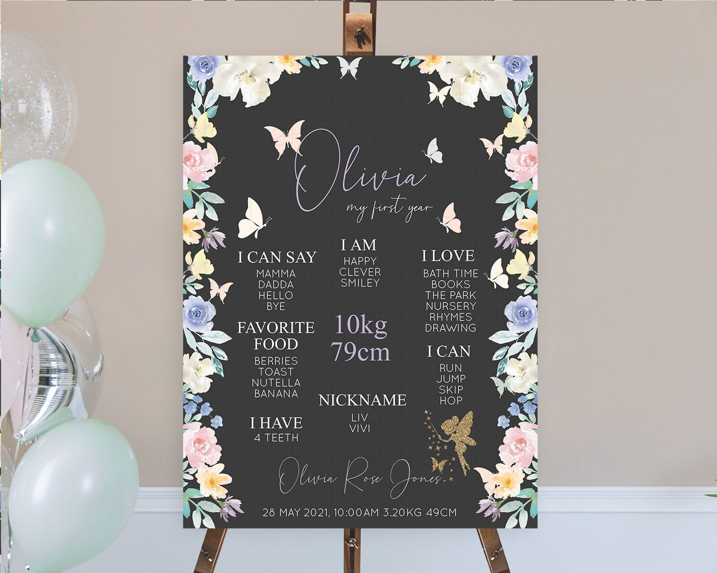 Fairy First Birthday Milestone Poster Fairy Secret Garden Milestone Board Enchanted Garden Pastel Floral Butterfly 1st Birthday Sign D10881