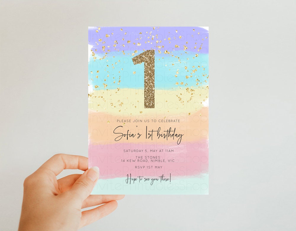 Rainbow Birthday Invitation Pastel Birthday Invitation Ombre Rainbow Invite Colorful Watercolor Invite Glitter Sprinkle Invitation