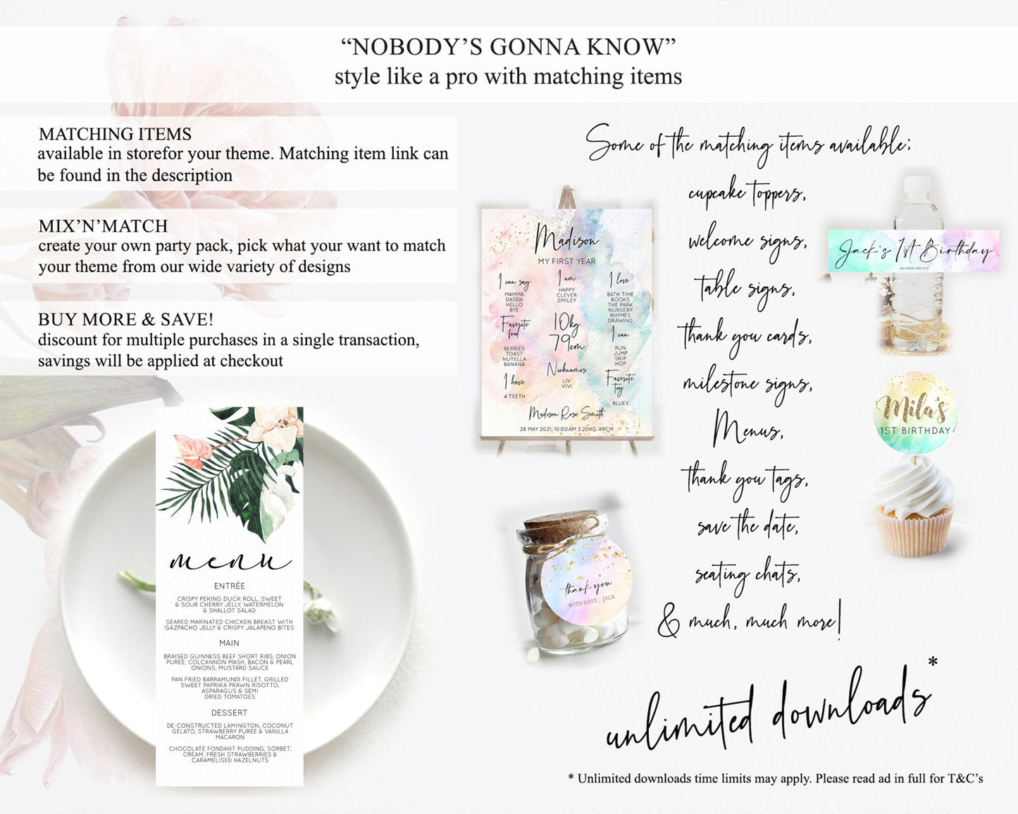 Tropical Menu Template Tropical Menu Palm Leaf Fern Table Decor Frangipani Floral White Orchid Dinner Dessert Menu Party Food Menu D11016