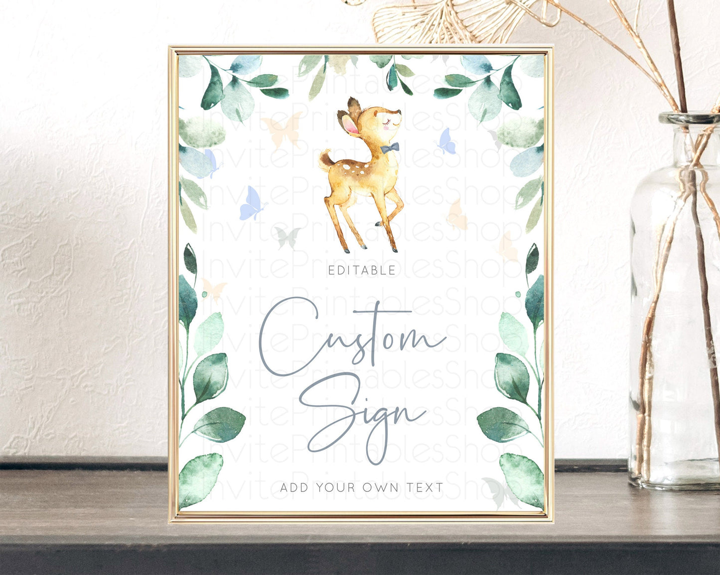 Fawn Deer Sign Pastel Floral Deer Table Sign Decor  Enchanted Forest Butterfly Party 1st Birthday Baptism Baby Shower Bridal Shower D10767