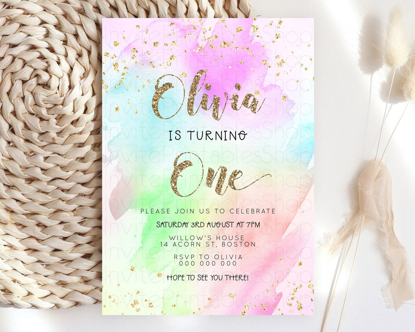 Rainbow Birthday Invitation Colorful Pastel Watercolor Invitation Gold Glitter Sprinkles Ombre Pastel 1st 2nd 3rd Birthday D23303