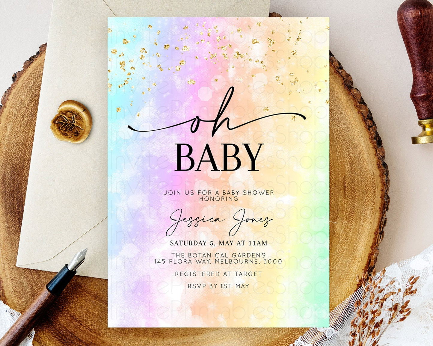 Pastel Watercolor Baby Shower Invitation with Iridescent & Gold Glitter Sprinkles, Ombre Effect - Teal, Purple, Yellow, and Green D10647