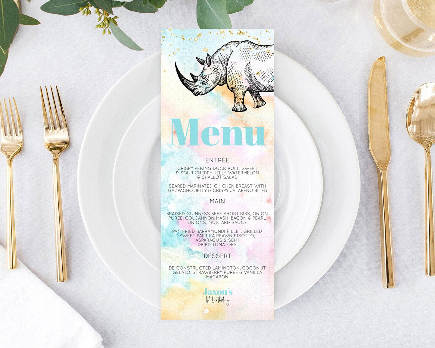 Pastel Rhino Menu Rainbow Rhino Menu Template Colorful Rainbow Safari Table Decor Pastel Dinner Dessert Menu Rhino Food Menu D10287