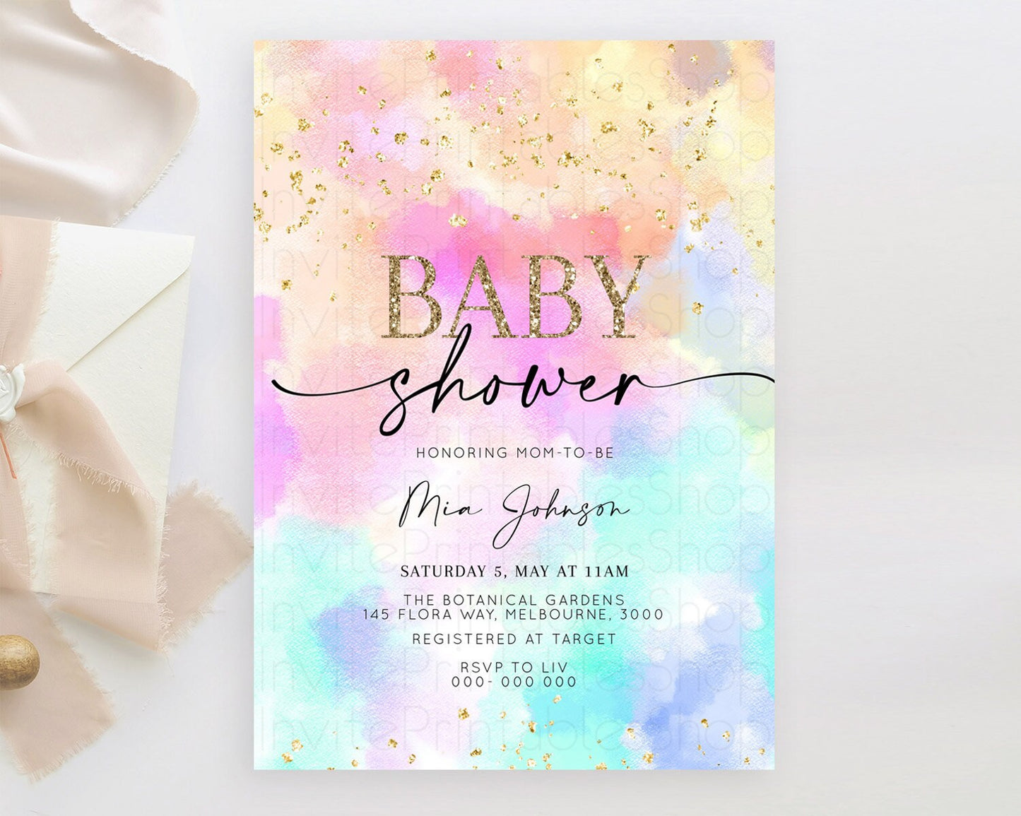 Pastel Baby Shower Invitation Rainbow Baby Shower Invitation Colorful Pastel Watercolor Invitation Gold Glitter Sprinkles Ombre D10667