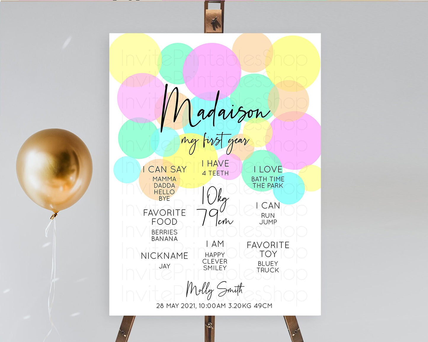 Pastel First Birthday Milestone Poster Pastel Rainbow Confetti First Birthday Milestone Board Colorful Bubbles Birthday Welcome Sign D10410