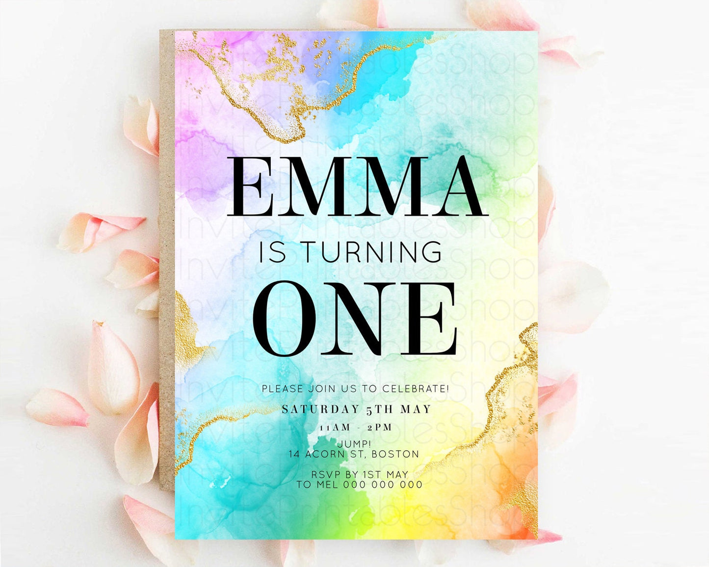 Rainbow Birthday Invitation Colorful Pastel Watercolor Invitation Gold Glitter Sprinkles Ombre Pastel 1st 2nd 3rd Birthday D10393