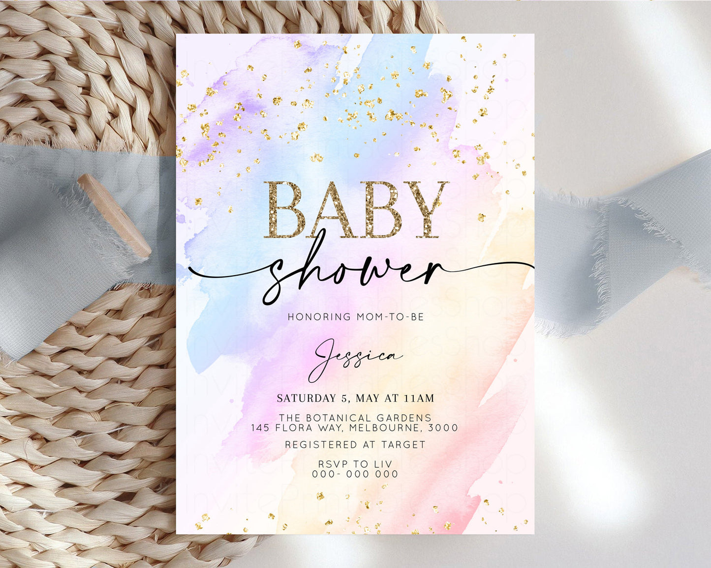 Rainbow Baby Shower Invitation Pastel Baby Shower Invitation Watercolor Ombre Invitation Rainbow Pastel Colors Invite Glitter Confetti t600