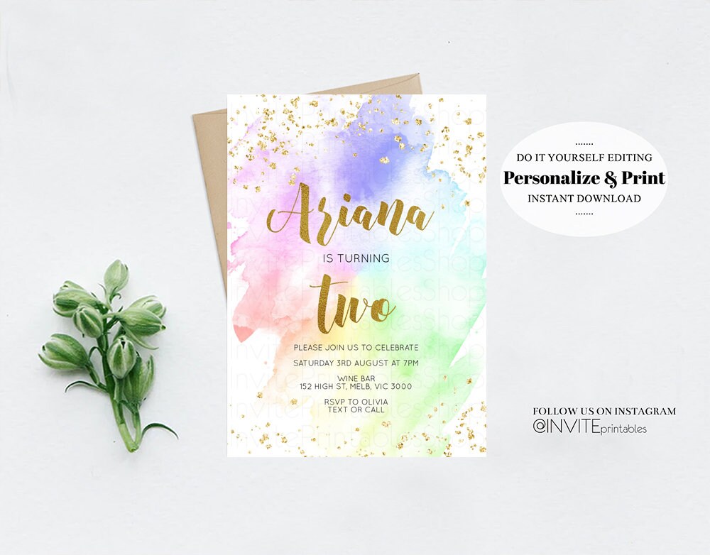 Rainbow Birthday Invitation Colorful Invite Watercolor Confetti Gold Glitter Sprinkles Ombre Pastel Invite 1st 2nd 3rd Birthday Invite 377