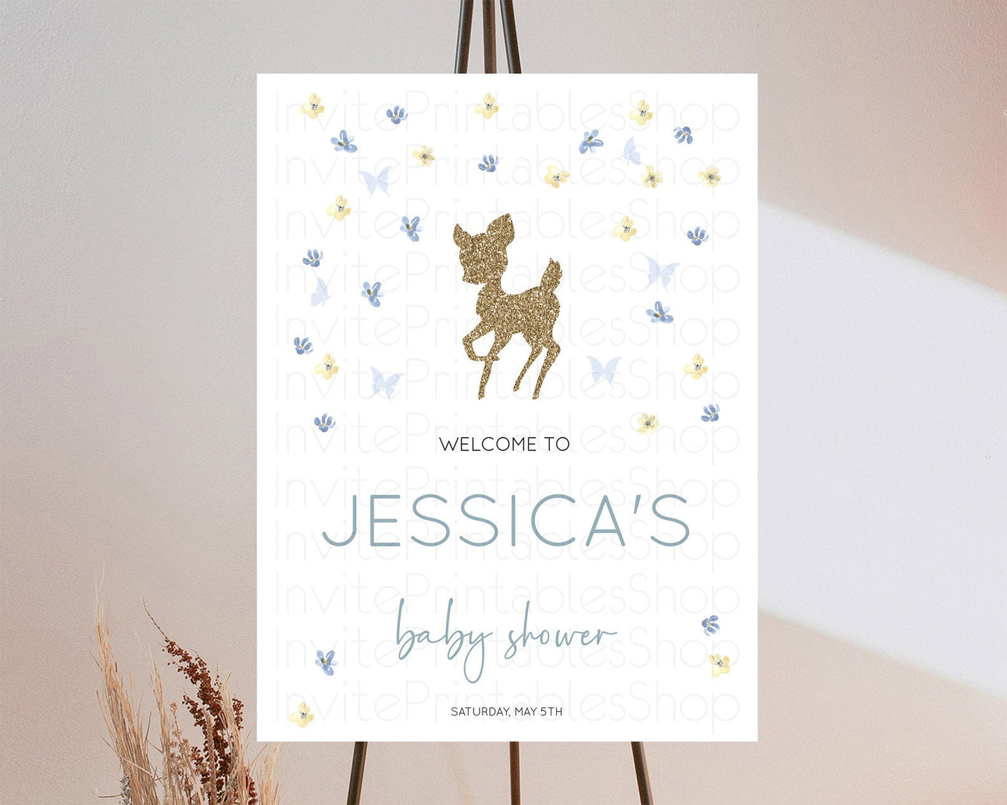 Fawn Baby Shower Welcome Sign Deer Welcome Board Floral Deer Welcome Poster Enchanted Forest Butterfly Pastel Floral Welcome Sign D10864