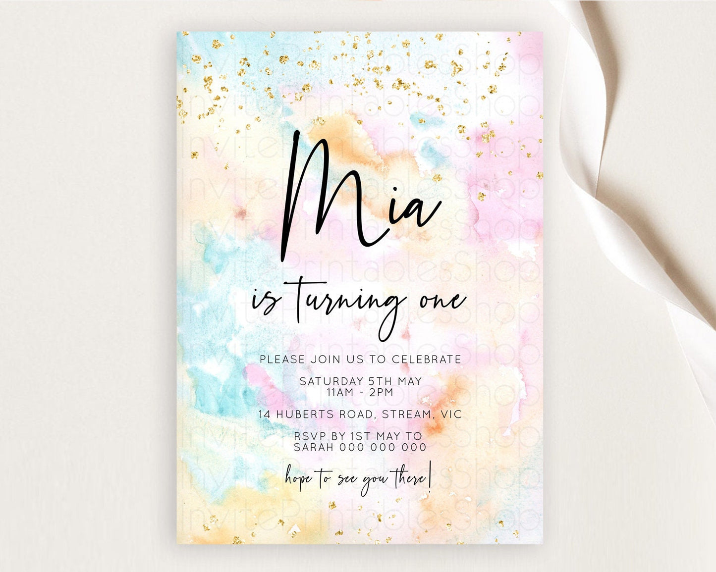 Rainbow Birthday Invitation Colorful Pastel Watercolor Invitation Gold Glitter Sprinkles Ombre Pastel 1st 2nd 3rd Birthday D10548