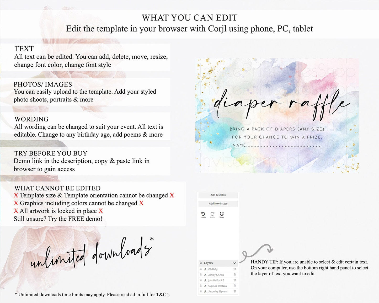 Pastel Diaper Raffle Card Pastel Rainbow Diaper Raffle Insert Colorful Ombre Watercolor Diaper Ticket Confetti Glitter Raffle Game D10420