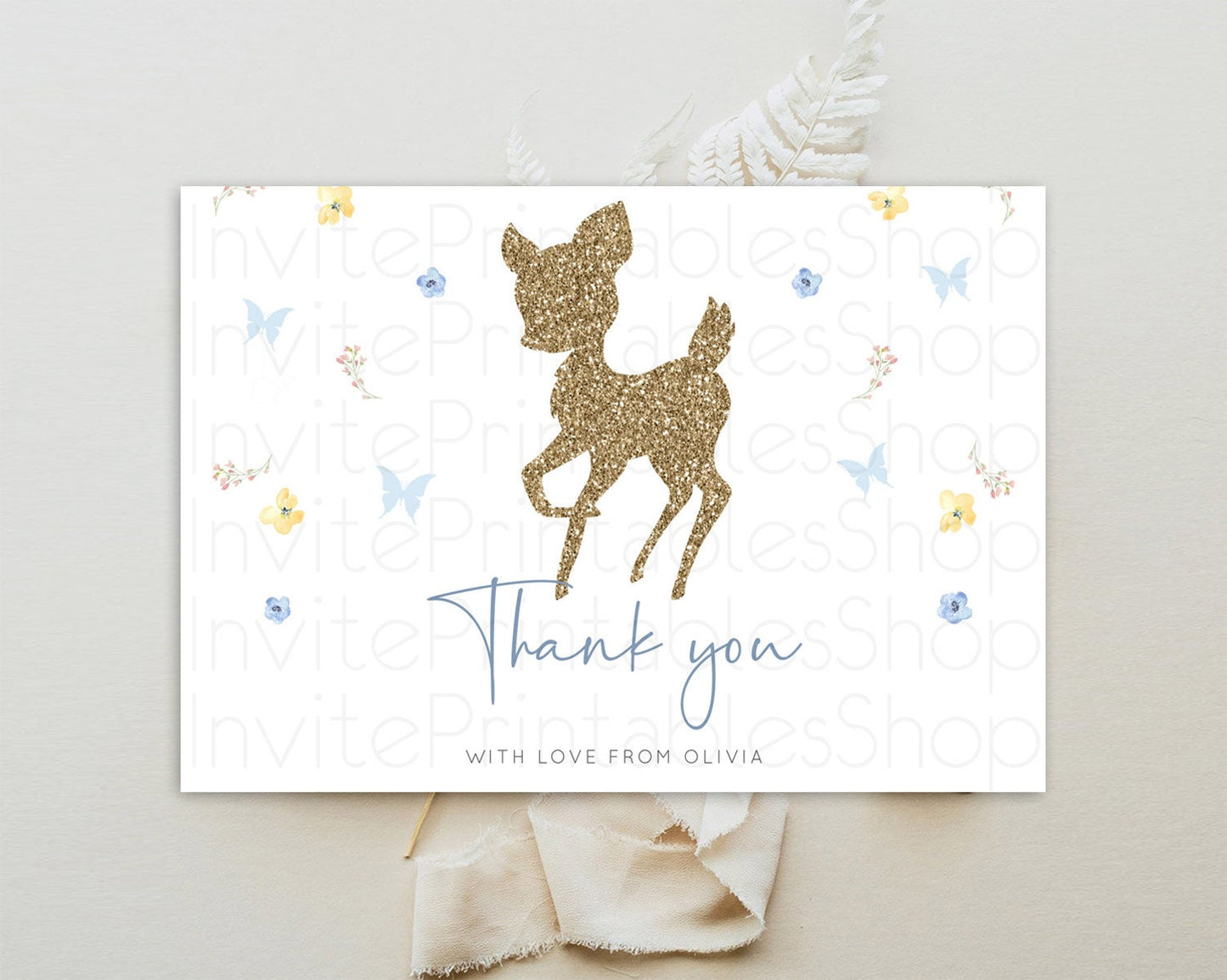 Fawn Thank You Deer Thank You Card Pastel Floral Deer Birthday Thank You Card Enchanted Forest Butterfly Deer Teacher Thank You Card D10360