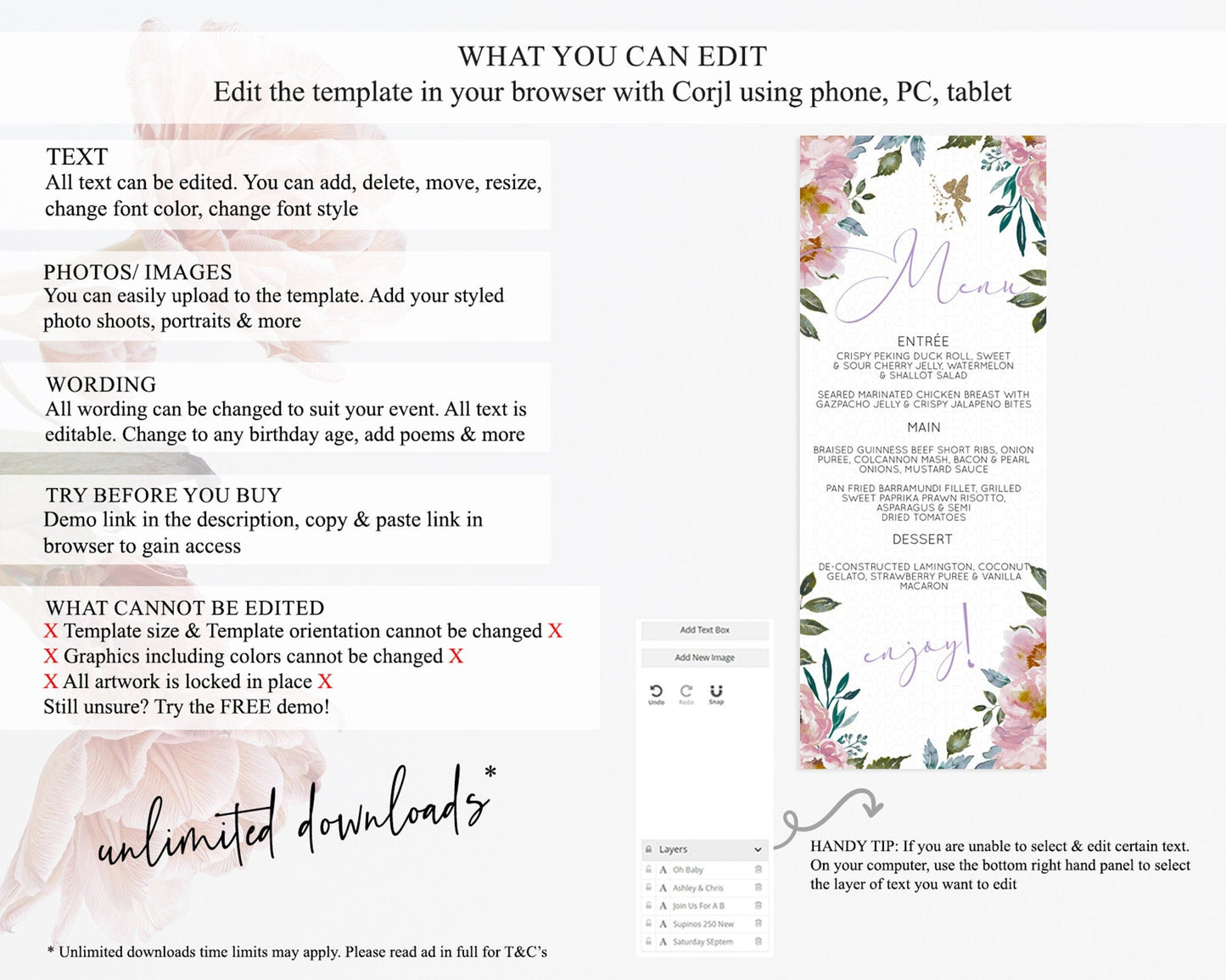 Fairy Menu Fairy Menu Template Enchanted Garden Pastel Floral Butterfly Table Decor Fairy Secret Garden Dinner Dessert Food Menu D10727