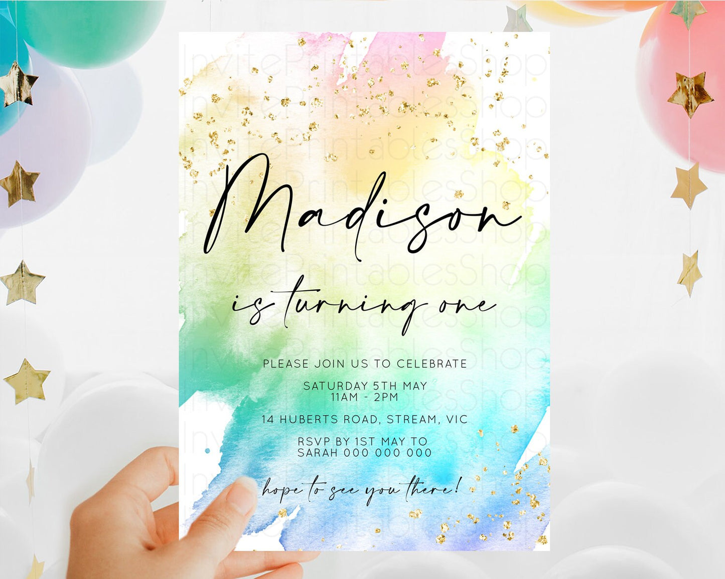 Rainbow Birthday Invitation Colorful Pastel Watercolor Invitation Gold Glitter Sprinkles Ombre Pastel 1st 2nd 3rd Birthday D11028
